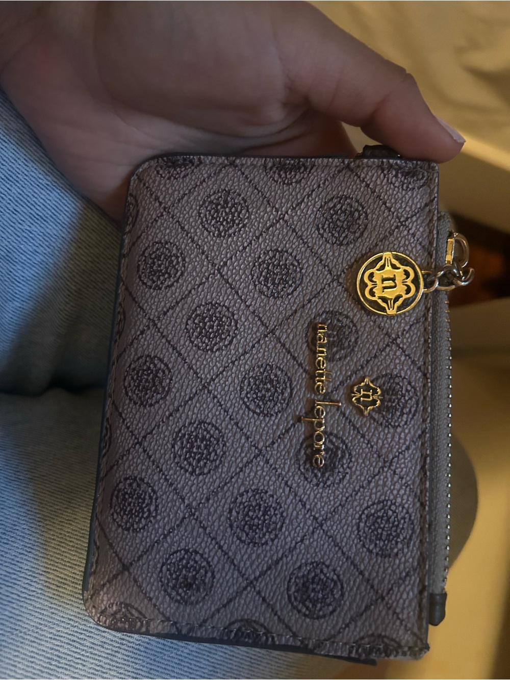 Nanette Lepore Gray Quilted Logo Zip Card Case with Gold Hardware